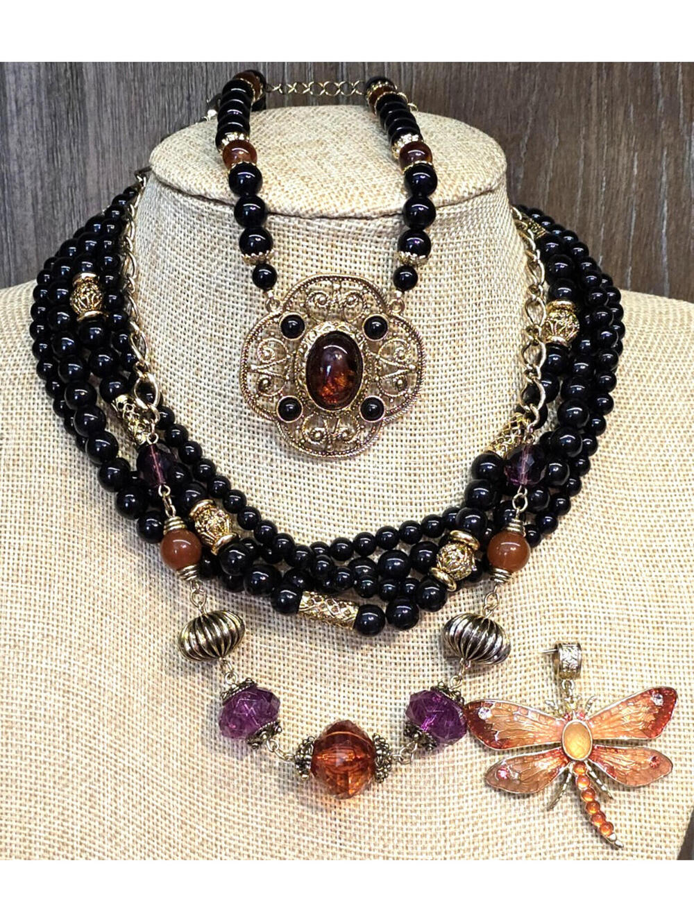 1928 2028 Jewelry Lot Black Beaded Necklace Filigree Pendant Dragonfly READ